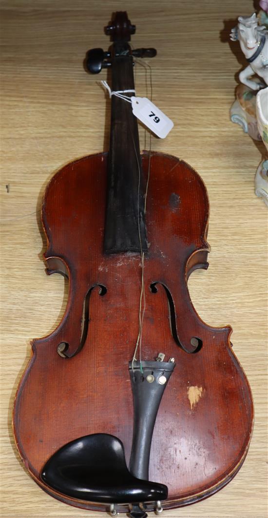 A full-sized French violin, labelled companion L.59cm